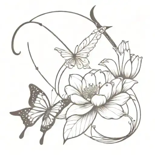 Sagittarius Bow And Arrow With A Lotus And Lily Wrapped Around The Bow With A Monarch Butterfly