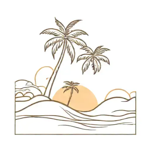 Beach With A Palm Tree Front Of Sunset And Waves Forming At Background