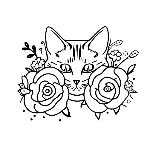 A Minimalist Tattoo Of A Cat Surrounded By Flowers