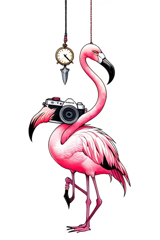 Flamingo With A Camera Hanging On A String Around Its Neck And A Dagger With A Clock