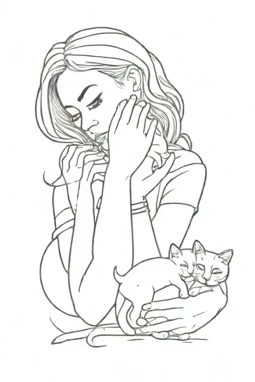 Woman Holding A Cat In Her Hands Four Cats On The Ground