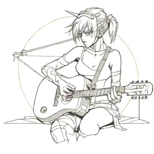 A Cyberpunk Anime Character Playing A Guitar On A Digital Beach Background
