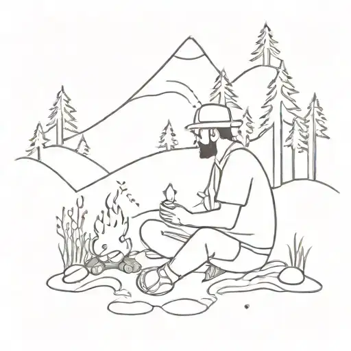 A Guy Sitting By A Campfire In The Mountains With Trees And A Little Weed