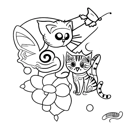 A Minimalist Design Of A Cat And A Dog Playing Together With A Butterfly Flying Above Them