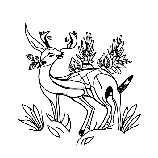 Simple Fine Line Feminine Tattoo Of Springbok With Flowers