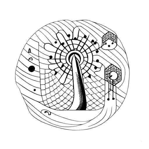 A Blackwork Tattoo Of A Pop Music Note Surrounded By A Forest And Ocean Scenery