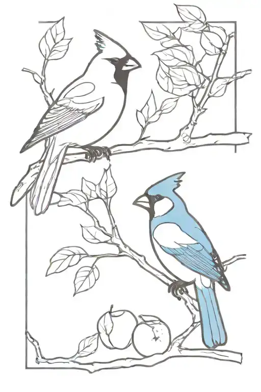 A Cardinal And A Blue Jay Perched On An Apple Tree Branch