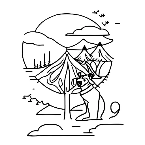 A Minimalist Tattoo Of A Woman Dancing With Her Dog In A Peaceful Forest