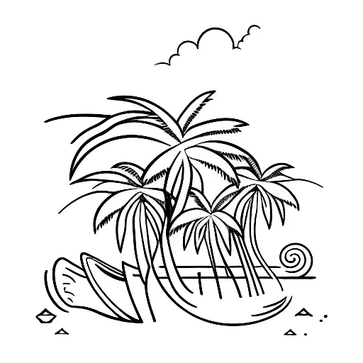 A Minimalist Tattoo Of A Dog Silhouette With A Palm Tree And Beach Waves In The Background