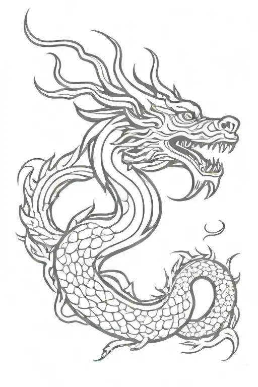Serene Chinese Dragon With Face With Front View And Body In Side View Shaped As An S