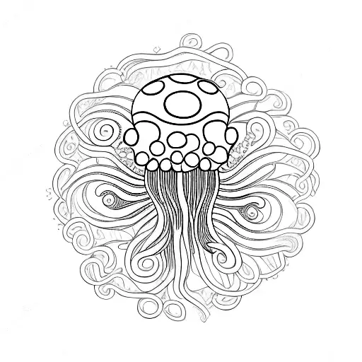 An Intricate Blackwork Design Of A Jellyfish Swimming In The Ocean Waves
