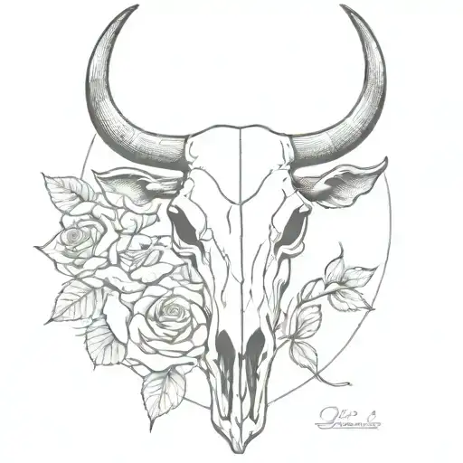 Fine Line Cow Skull With Roses