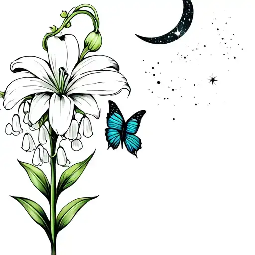 Lily Of The Valley Flower With A Butterfly On It With A Supernova And A Crescent Moon