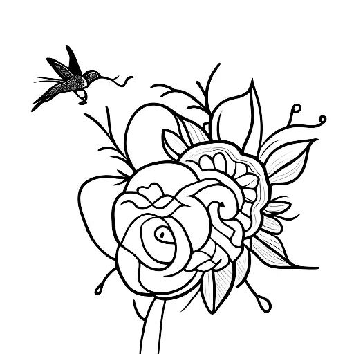 A Minimalist Tattoo Of A Hummingbird Pollinating A Vibrant Flower