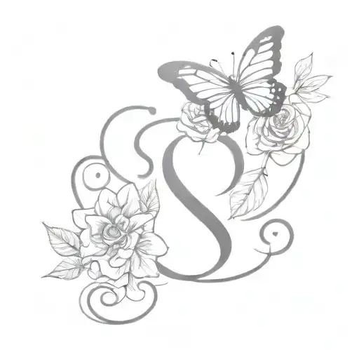 Butterfly With S Letter Combination And Rose With Leaves And Heart
