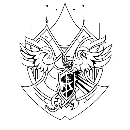 A Minimalist Tattoo Of The Hogwarts Crest With A Guitar Incorporated Into The Design