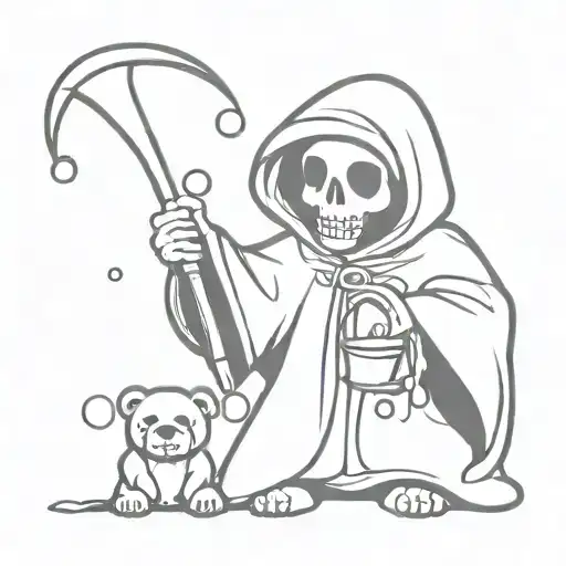 Grim Reaper Holding A Teddy Bear Surrounded By Bubbles
