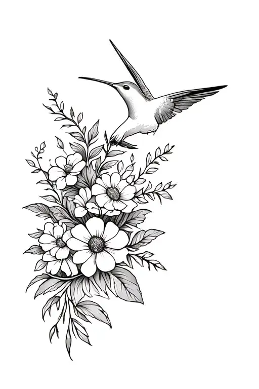 Humming Bird With Bouquet Of Flowers