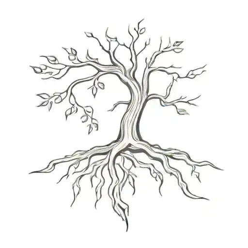 Big Old Tree Roots Exposed And Long Branches With Some Leaves