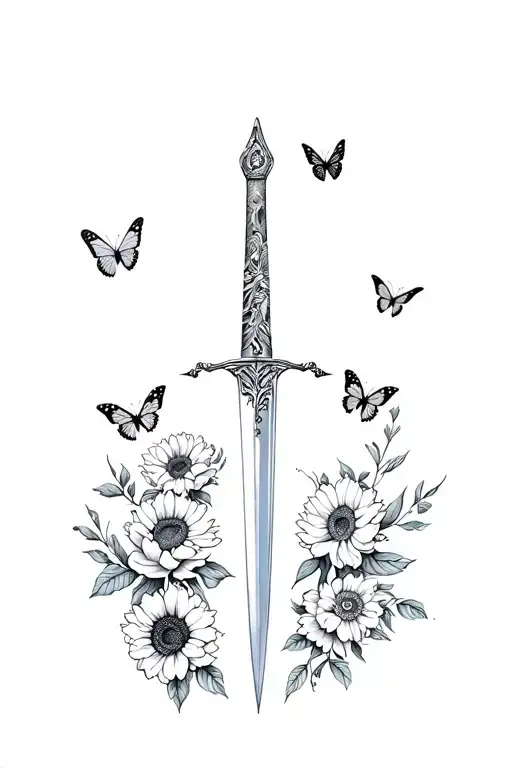 Sword With Peonies And Sunflowers With Butterflies Around It