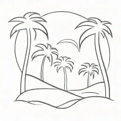 One Line Three Waves Palm Tree Silhouette