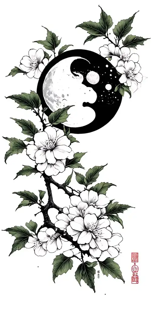 Japanese Cherry With Moon And Soliel