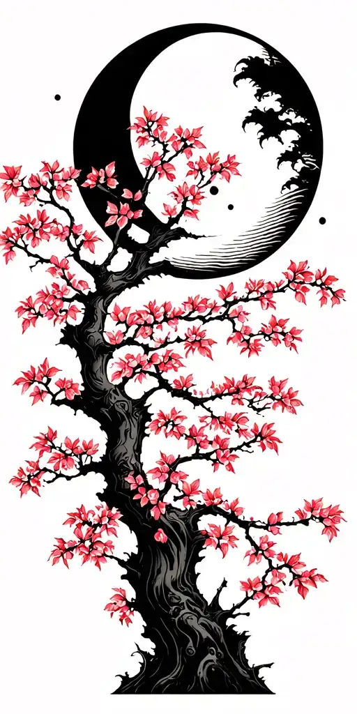 Japanese Cherry Tree Without A Leaf With Moon And Soliel