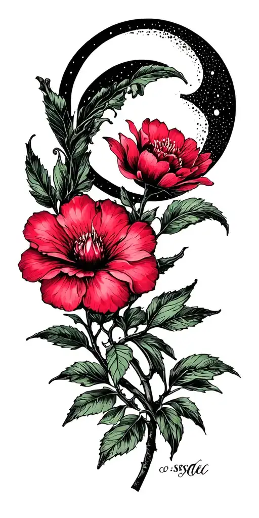 Cherry Flower With Moon And Soliel