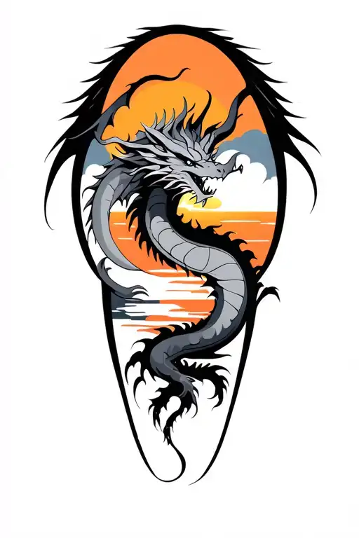 Black And Gray Dragon With Sunset Sky