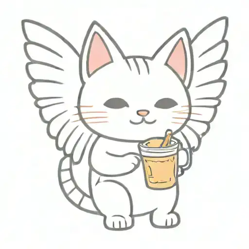 Cute But Cool Cat With Wings Holding A Boba Drink