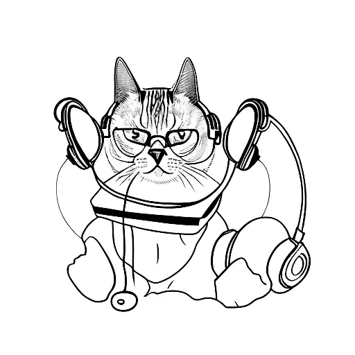 A Minimalist Tattoo Of A Cat Wearing Headphones And Listening To Music