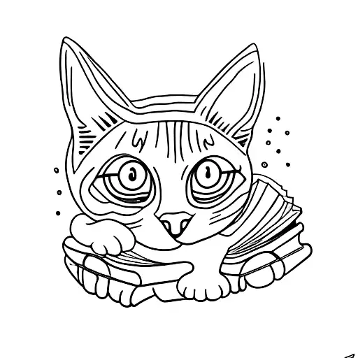 A Minimalist Tattoo Of A Cat Curled Up With A Book