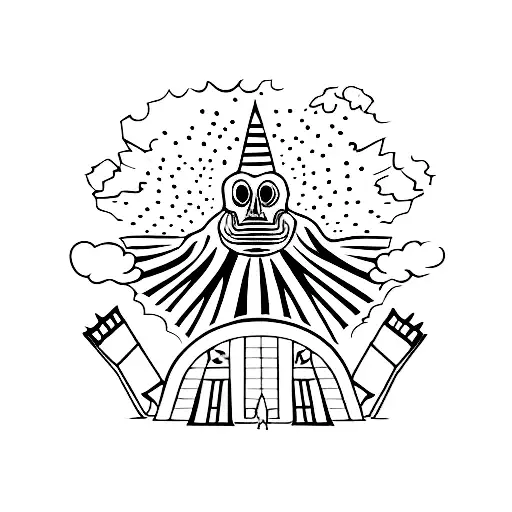 A Dotwork Tattoo Of A Spooky Movie Theater With A Ghostly Audience Watching A Horror Film