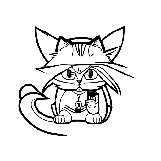 A Minimalist Tattoo Of An Anime-inspired Cat Character Holding A Tattoo Machine