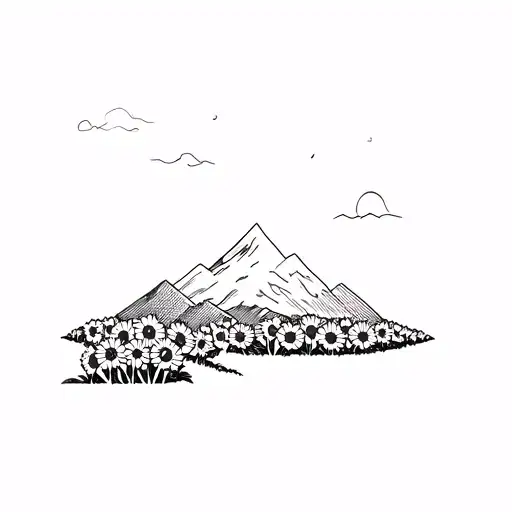A Minimalist Design Of A Mountain Range With A Hidden Path Leading To A Field Of Sunflowers