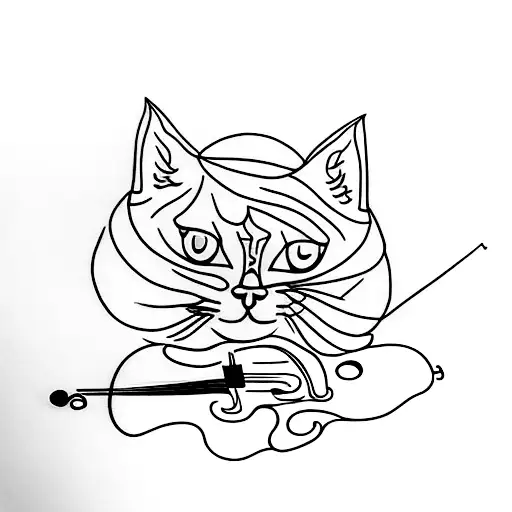 A Minimalist Tattoo Of A Cat Sitting On A Tree Branch With A Violin
