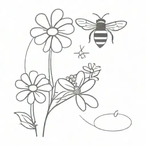 Line Drawing Bee And Single Daisy