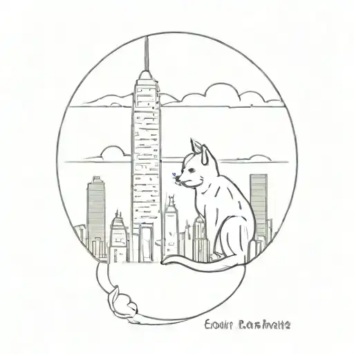 A Minimalist Tattoo Of The Los Angeles Skyline With A Cat Sitting On Top Of A Skyscraper