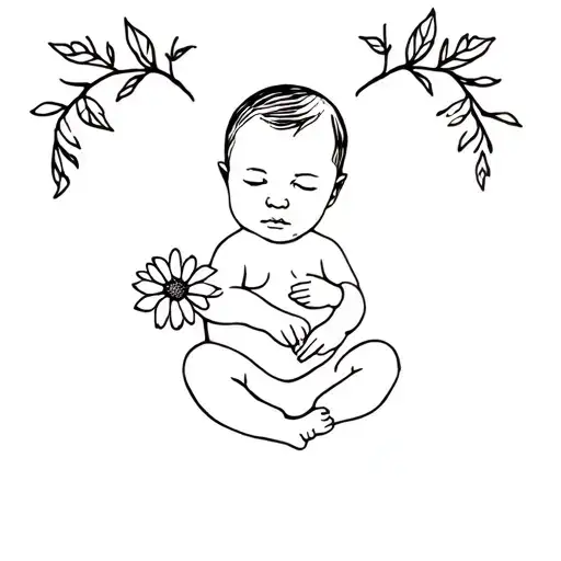 A Minimalist Tattoo Of A Baby Holding An October Flower