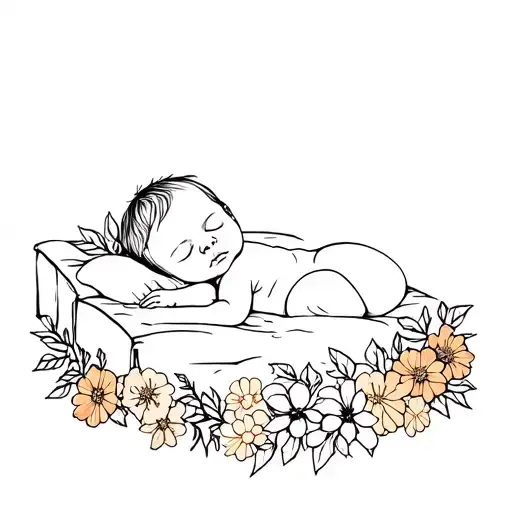 A Minimalist Tattoo Of A Baby Sleeping On A Bed Of October Flowers