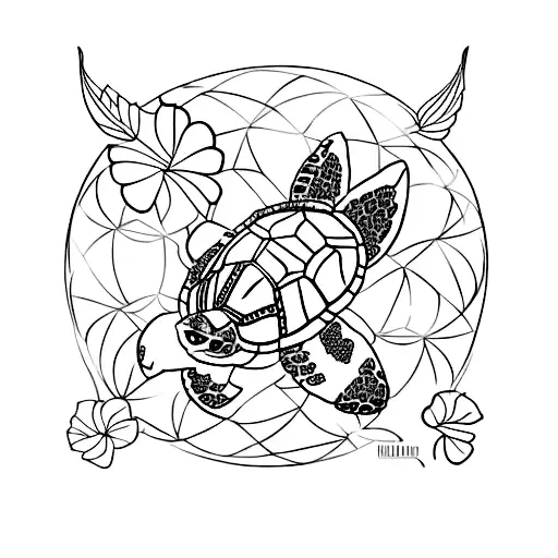 Geometric Losango With A Turtle Inside Surrounded By Hibiscus Flowers