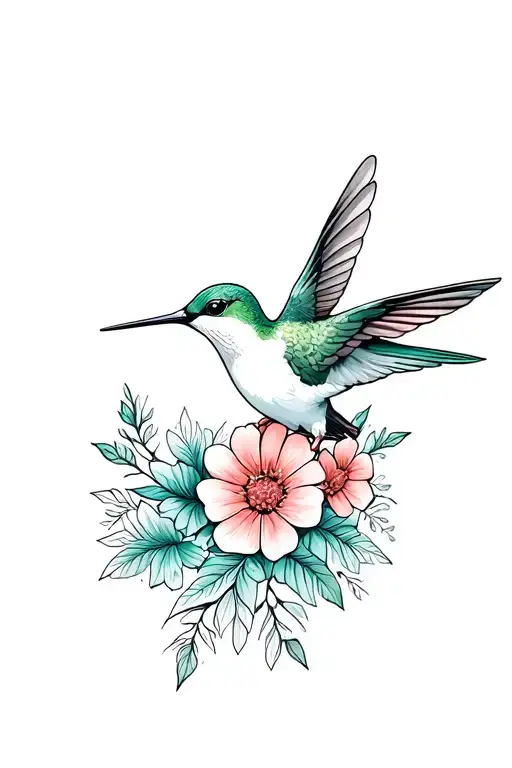 Hummingbird And A Boquet Of Flowers Coming