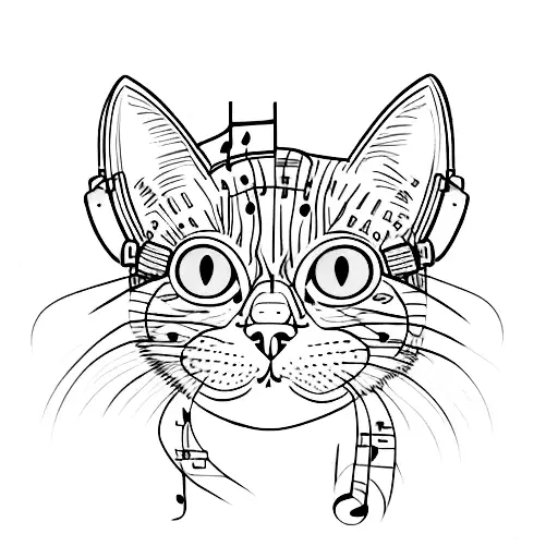 A Cat Wearing Headphones With Musical Notes Forming Its Fur