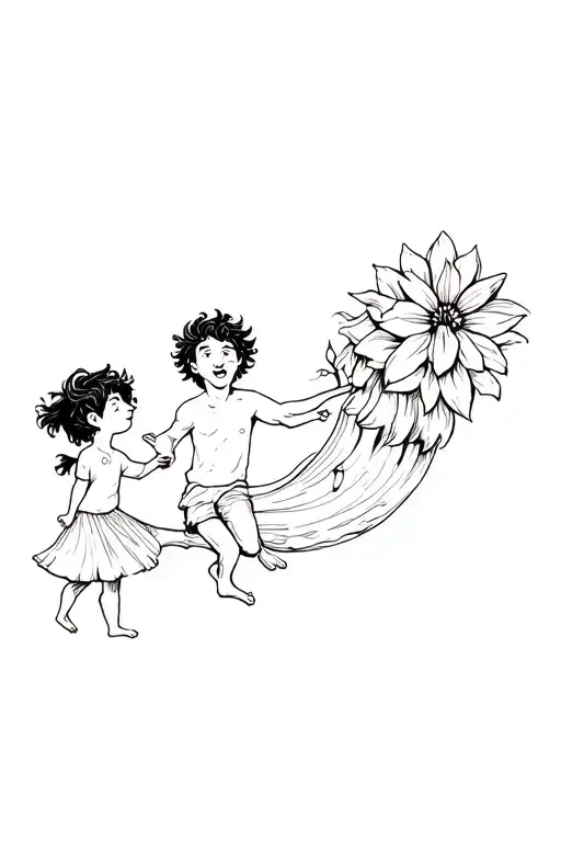 A Lion's Tooth Flower Flying With A Boy Who Has Curly Hair And His Younger Sister