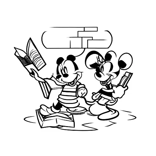 A Minimalist Tattoo Of Minnie And Mickey Mouse Holding Coffee Mugs And Reading Books