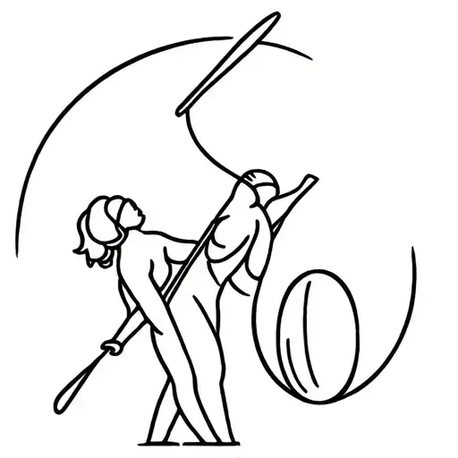 Create An Image Of A Minimalist Tattoo Of A Shotput Discus And Javelin For A Father Daughter Duo