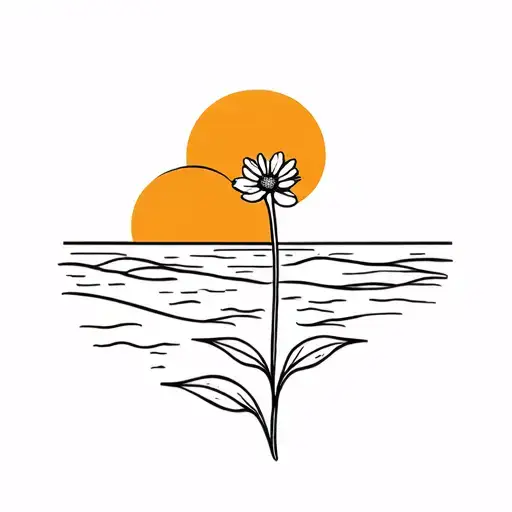 Small Flower Bud Next To A River And Sun Rising