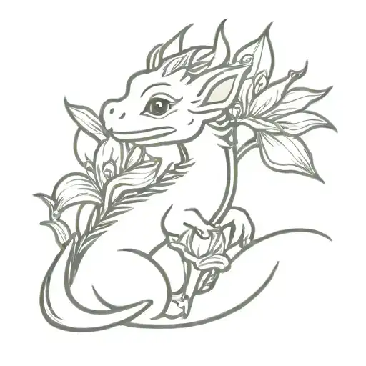 Baby Dragon Holding Iris Flowers
