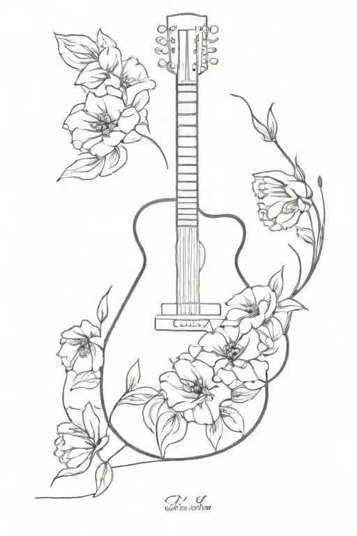 Guitar Outline With Birth Flowers Tattoo Featuring