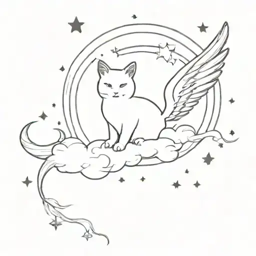 Cat With Wings On Clouds Around A Star And Nebula